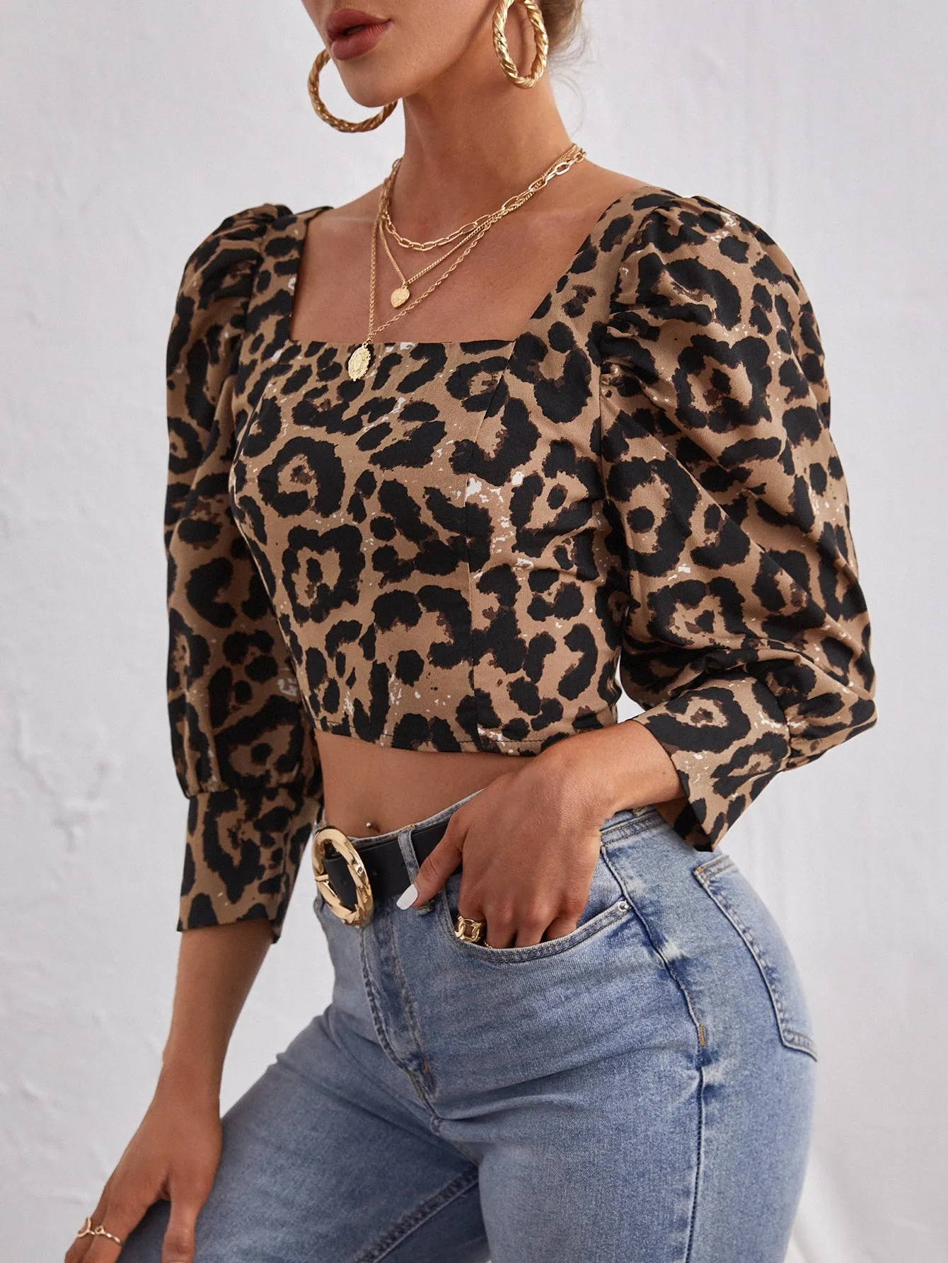 Elegant Leopard Three Quarter Length Sleeve Square Neck Crop Blouse