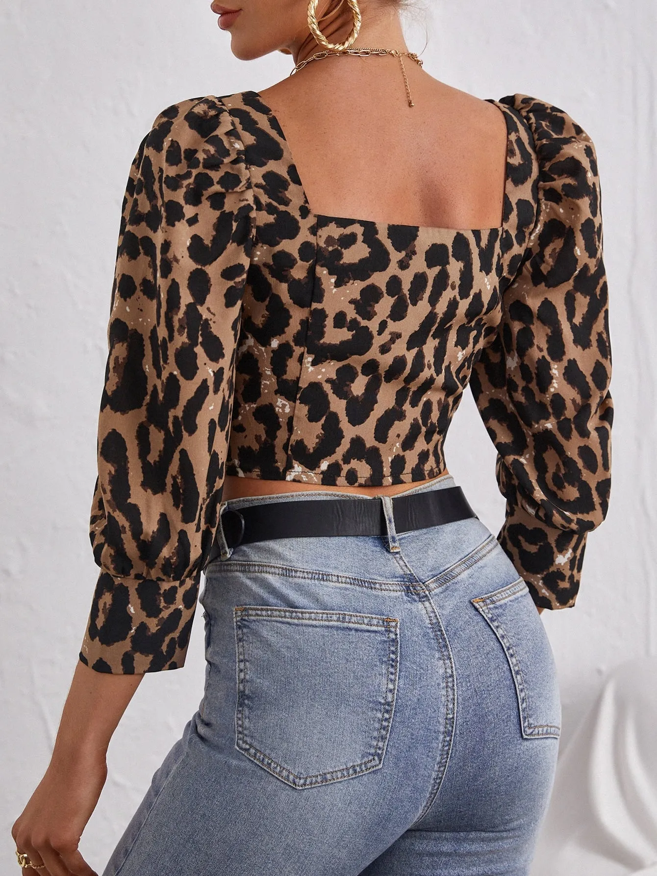 Elegant Leopard Three Quarter Length Sleeve Square Neck Crop Blouse