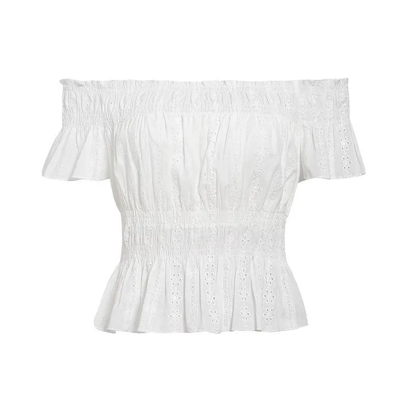 Elegant off shoulder women's Ruffled elastic high waist cotton blouses Streetwear