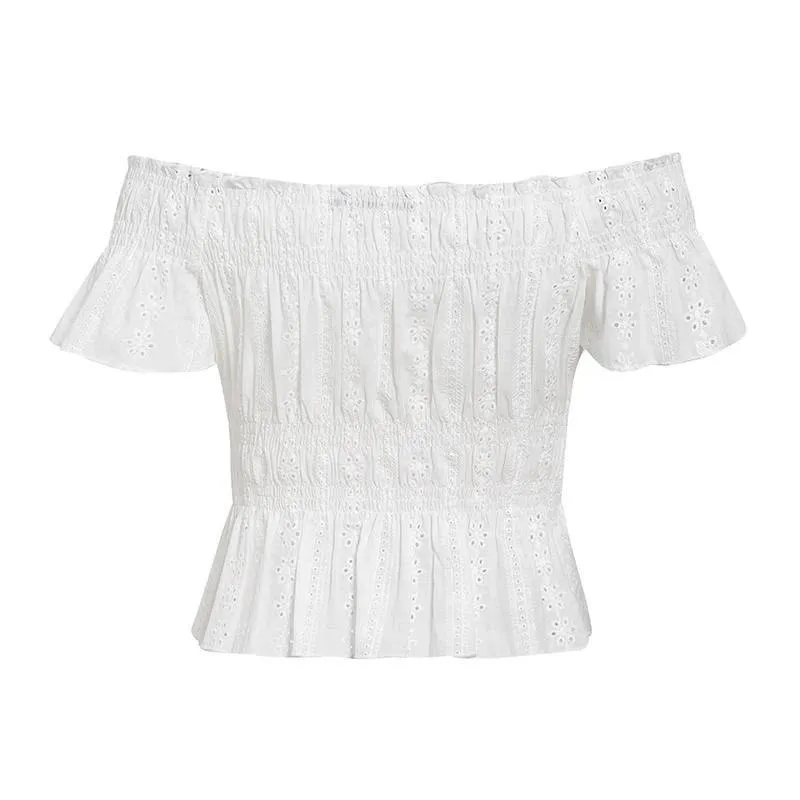 Elegant off shoulder women's Ruffled elastic high waist cotton blouses Streetwear