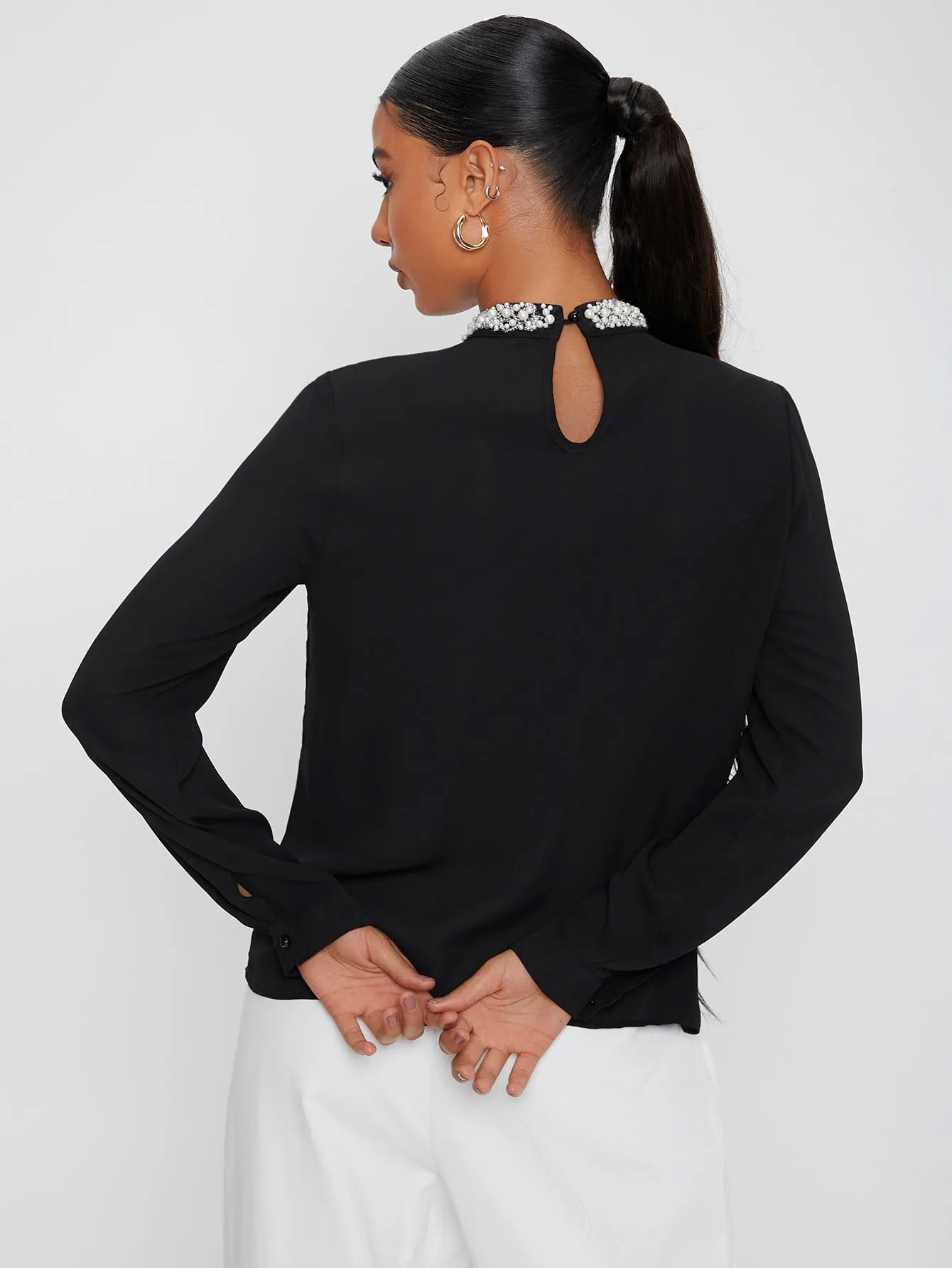 Elegant Plain Beaded Long Sleeve Stand Collar Regular Blouse