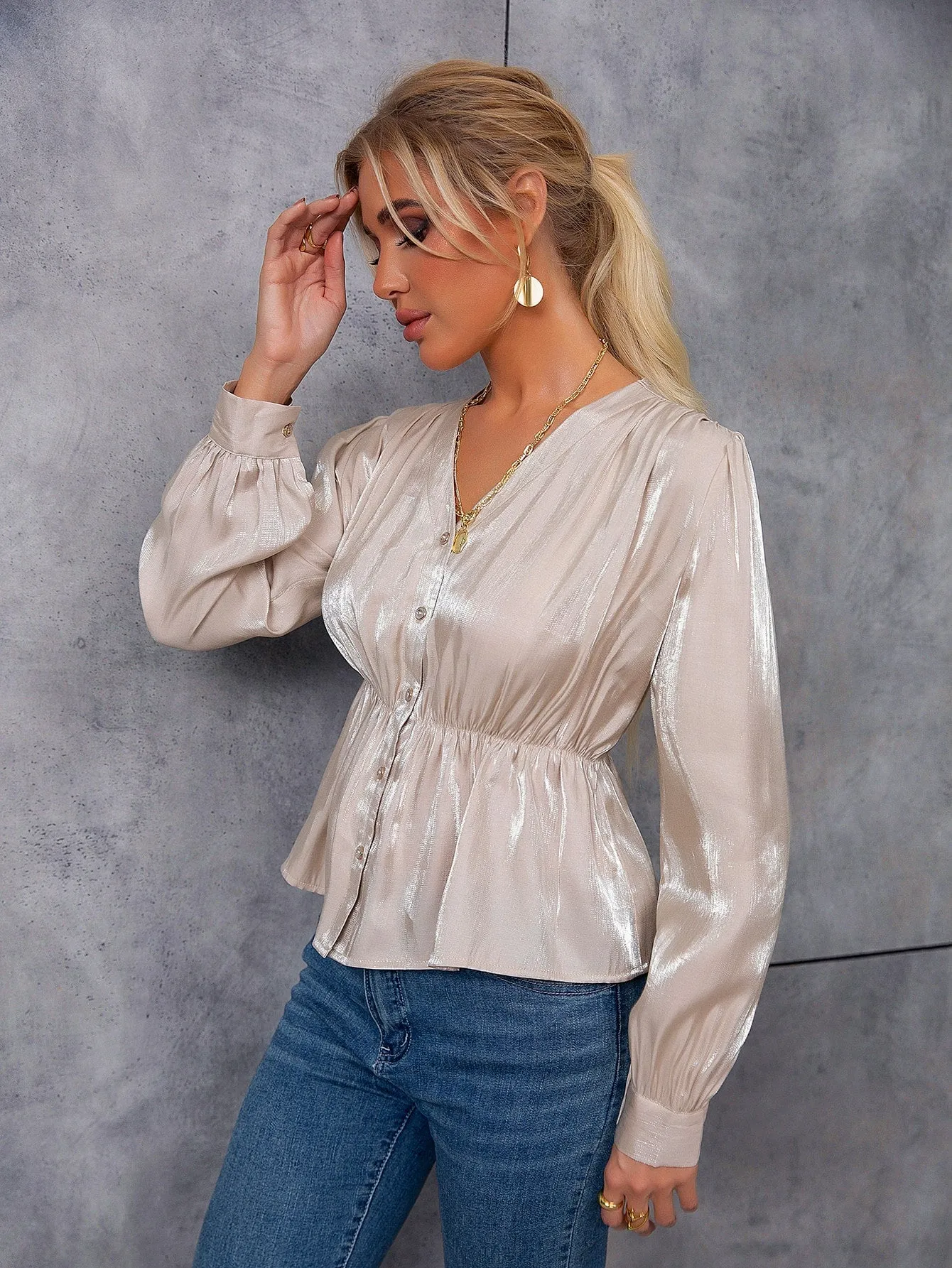 Elegant Plain Button Front Long Sleeve V Neck Flared Regular Blouse