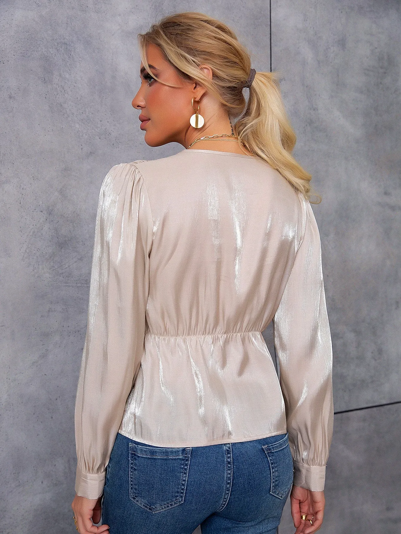 Elegant Plain Button Front Long Sleeve V Neck Flared Regular Blouse