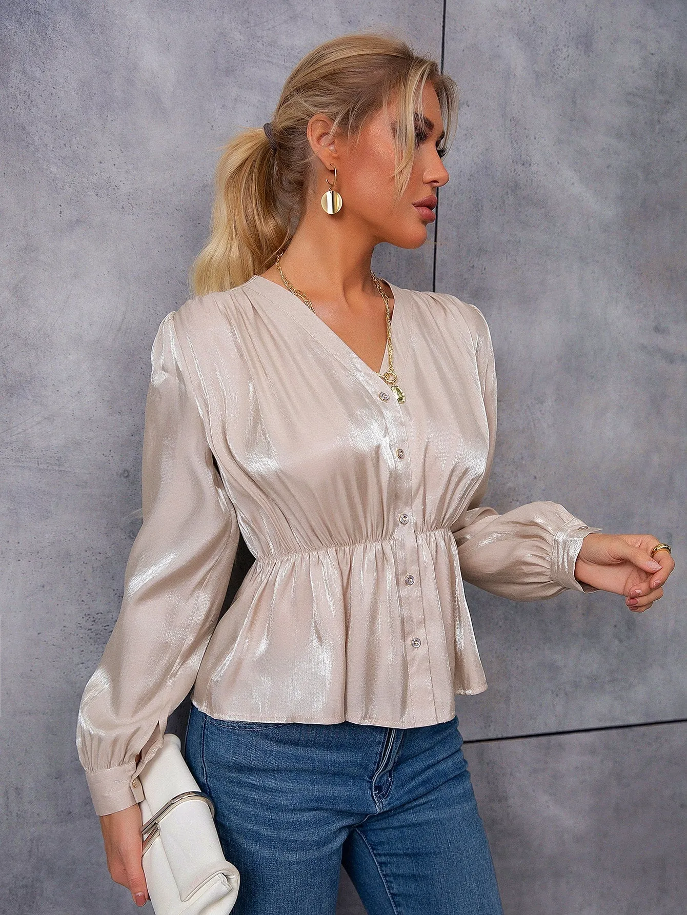 Elegant Plain Button Front Long Sleeve V Neck Flared Regular Blouse