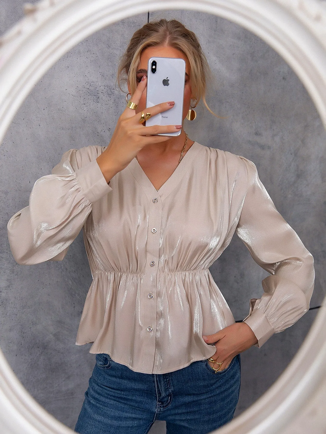 Elegant Plain Button Front Long Sleeve V Neck Flared Regular Blouse