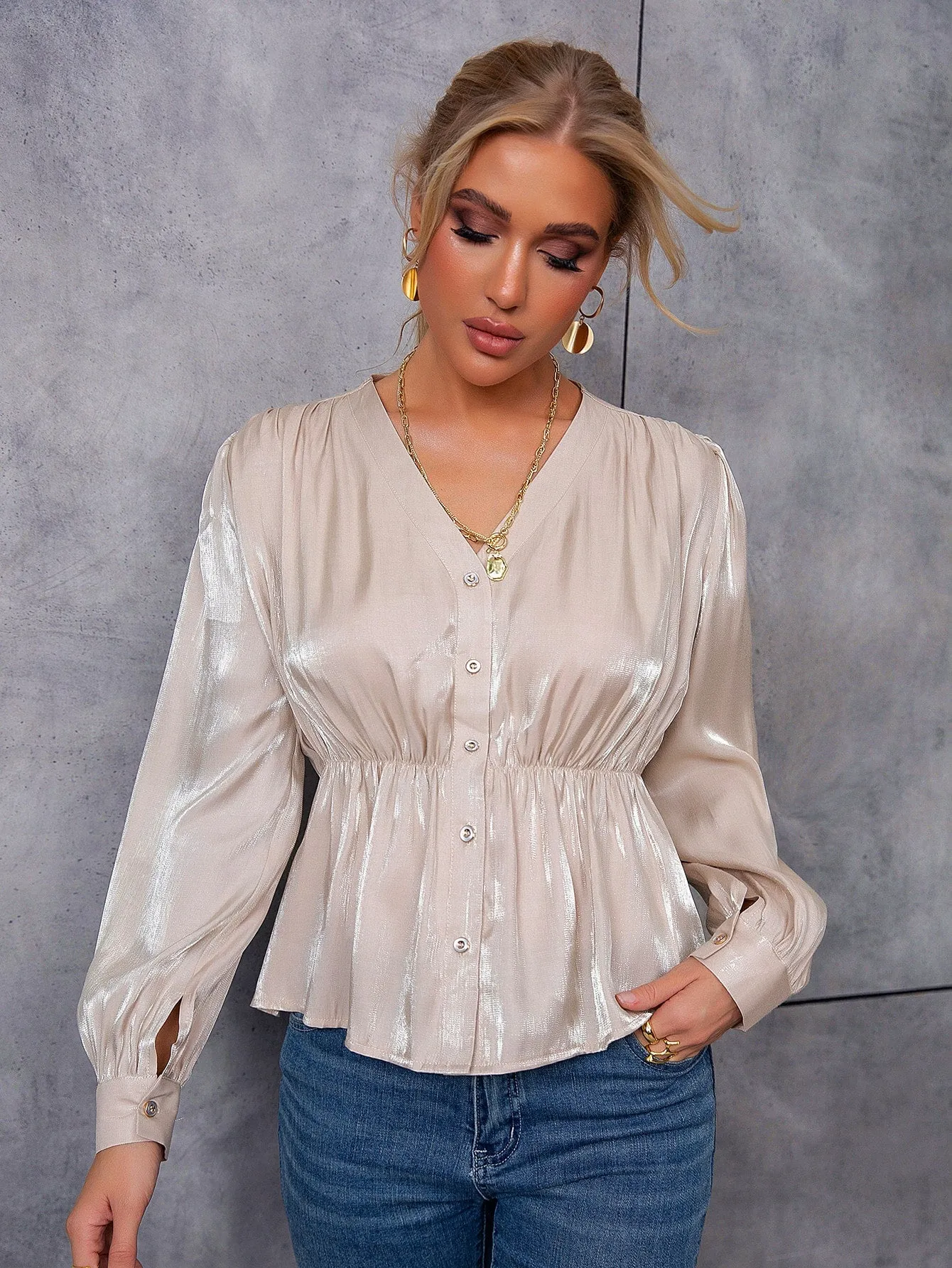 Elegant Plain Button Front Long Sleeve V Neck Flared Regular Blouse