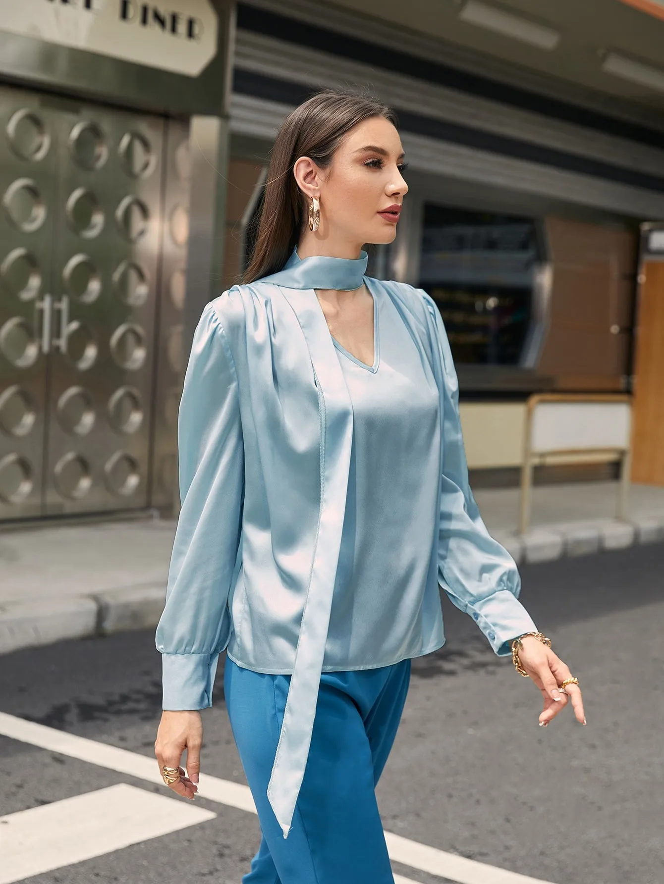 Elegant Plain Cut Out Long Sleeve Keyhole Neckline Regular Blouse