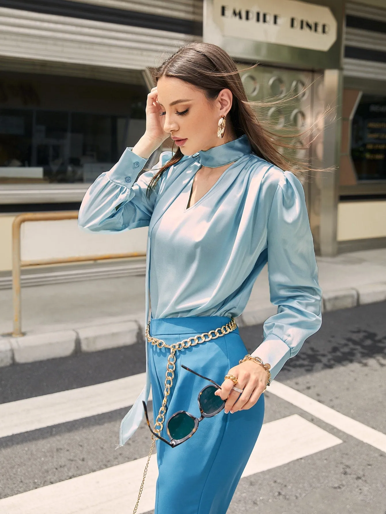 Elegant Plain Cut Out Long Sleeve Keyhole Neckline Regular Blouse