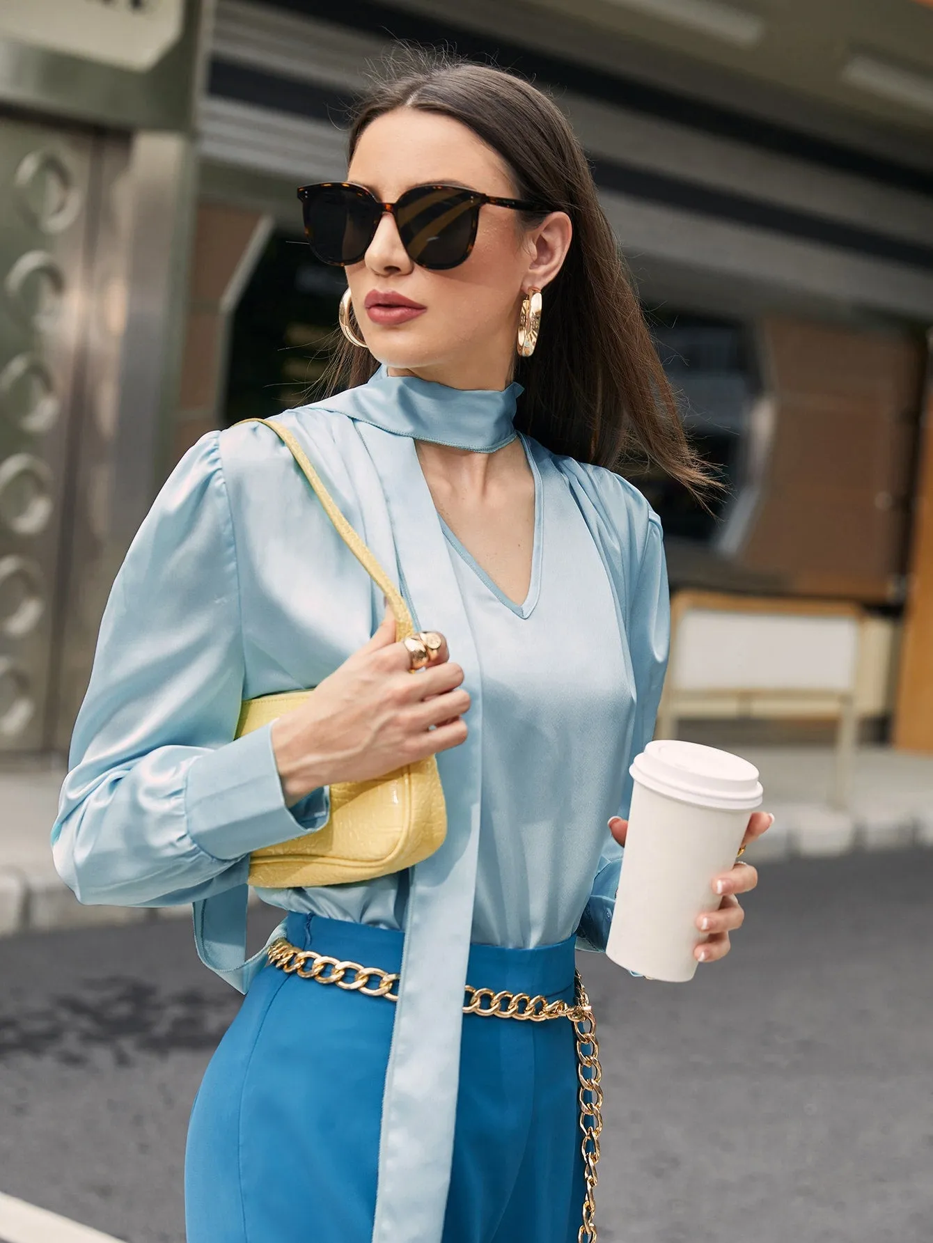 Elegant Plain Cut Out Long Sleeve Keyhole Neckline Regular Blouse