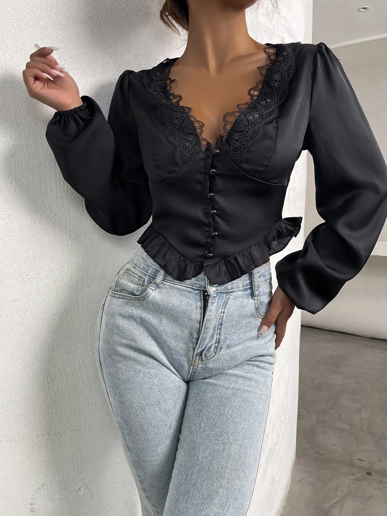 Elegant Plain Ruffle Hem Long Sleeve Deep V Neck Crop Blouse