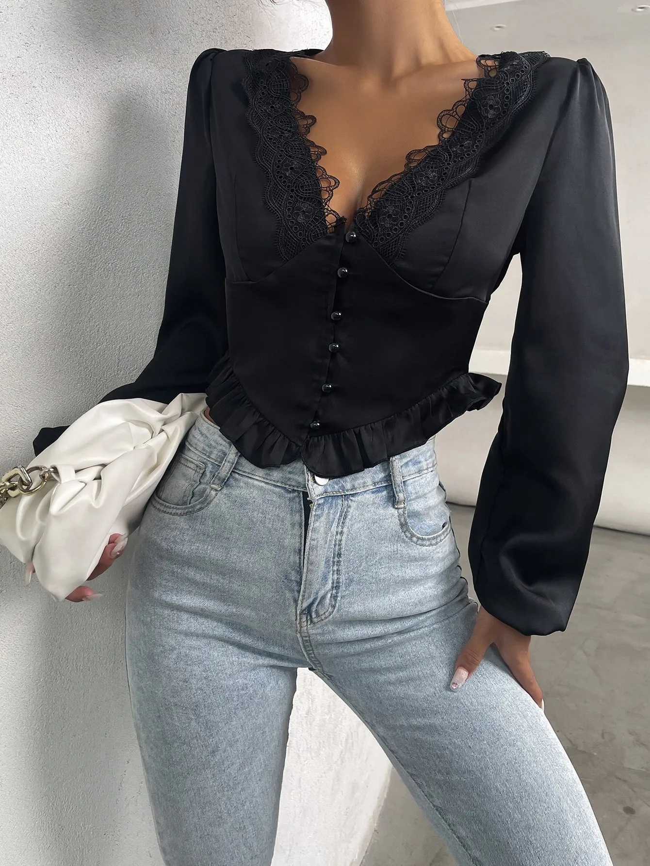 Elegant Plain Ruffle Hem Long Sleeve Deep V Neck Crop Blouse