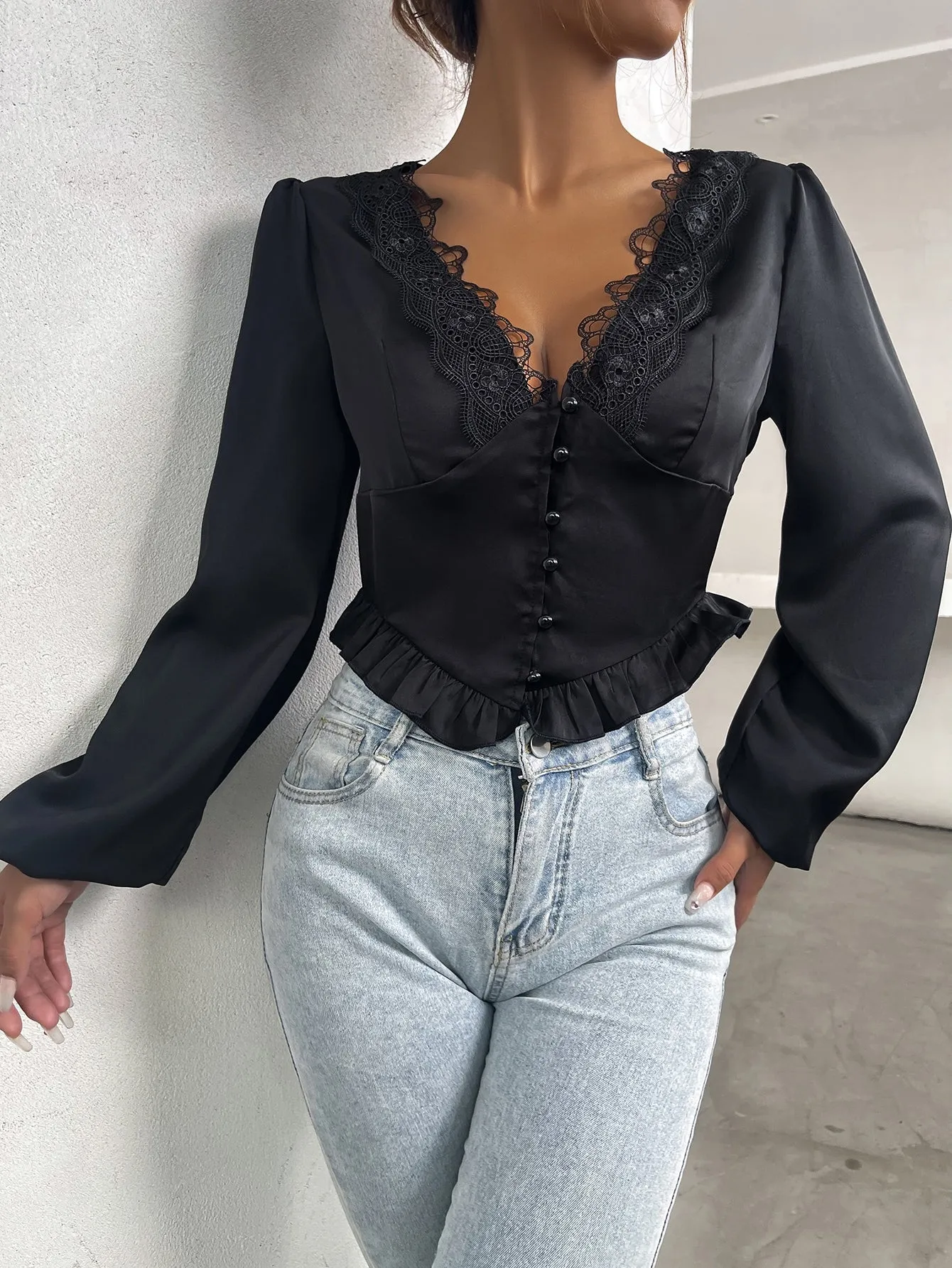 Elegant Plain Ruffle Hem Long Sleeve Deep V Neck Crop Blouse