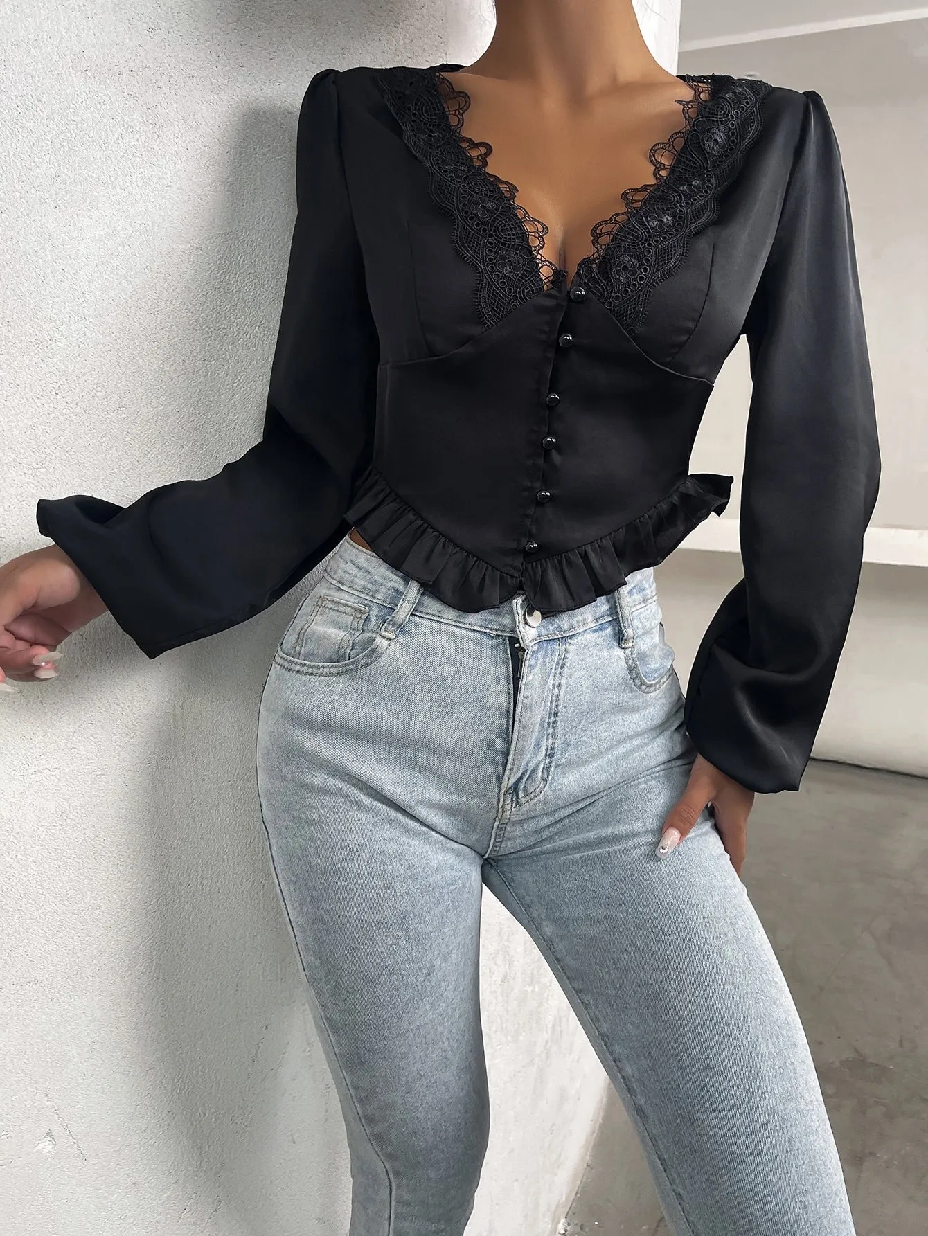 Elegant Plain Ruffle Hem Long Sleeve Deep V Neck Crop Blouse