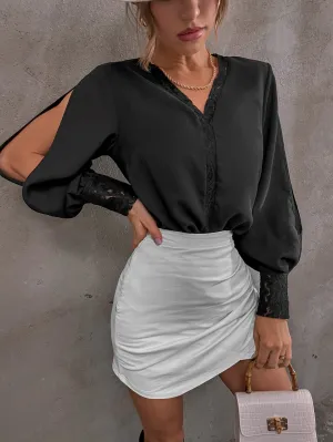 Elegant Plain Split Long Sleeve V Neck Regular Blouse