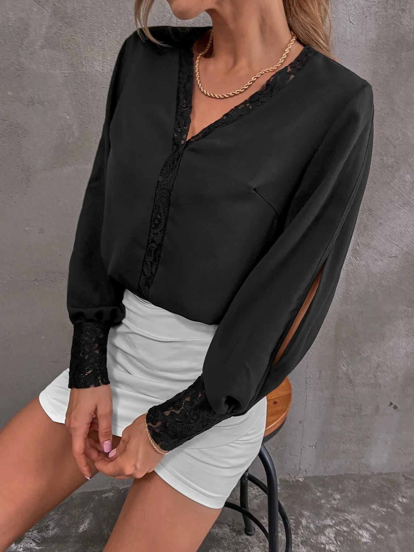 Elegant Plain Split Long Sleeve V Neck Regular Blouse