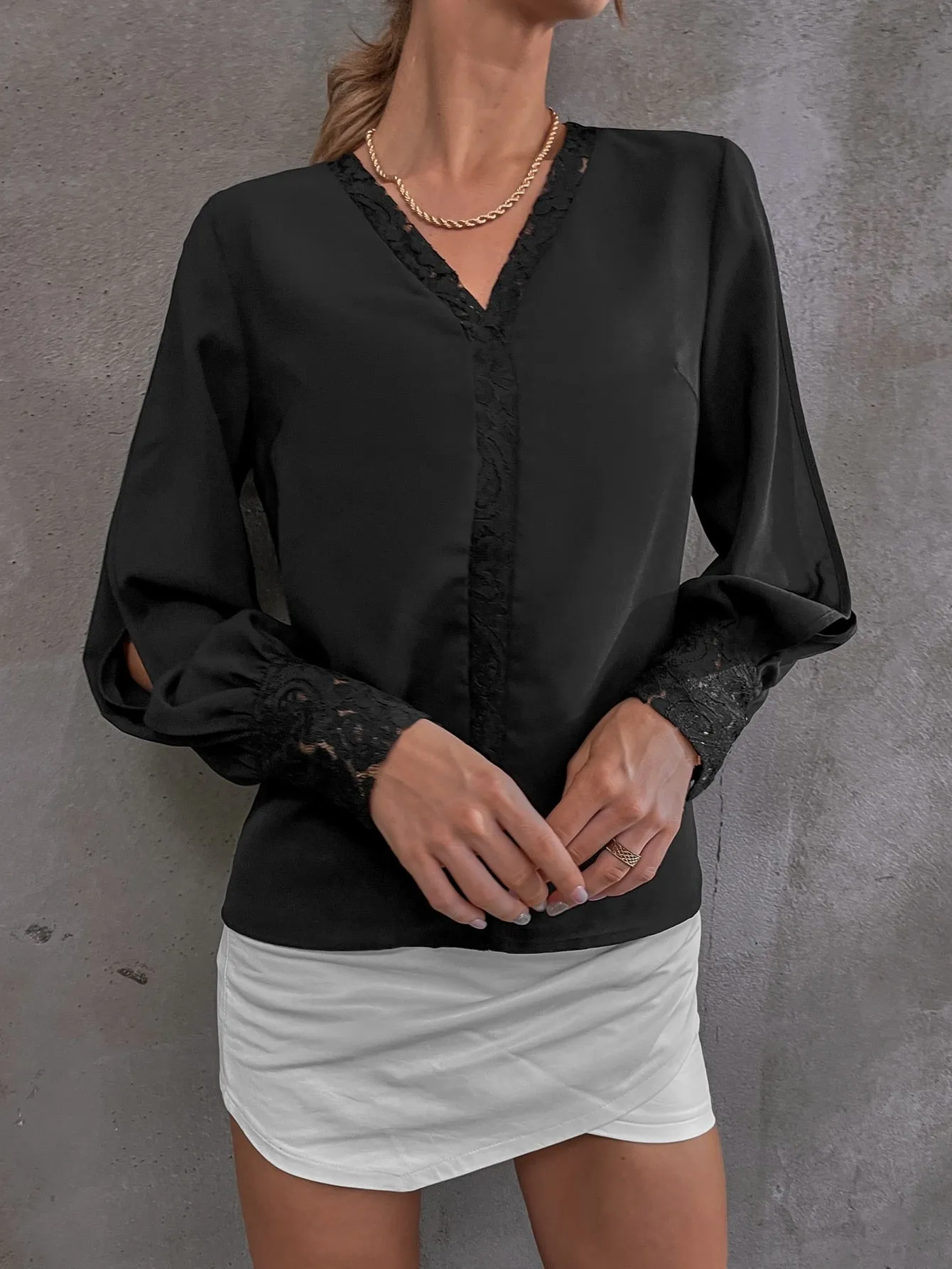 Elegant Plain Split Long Sleeve V Neck Regular Blouse