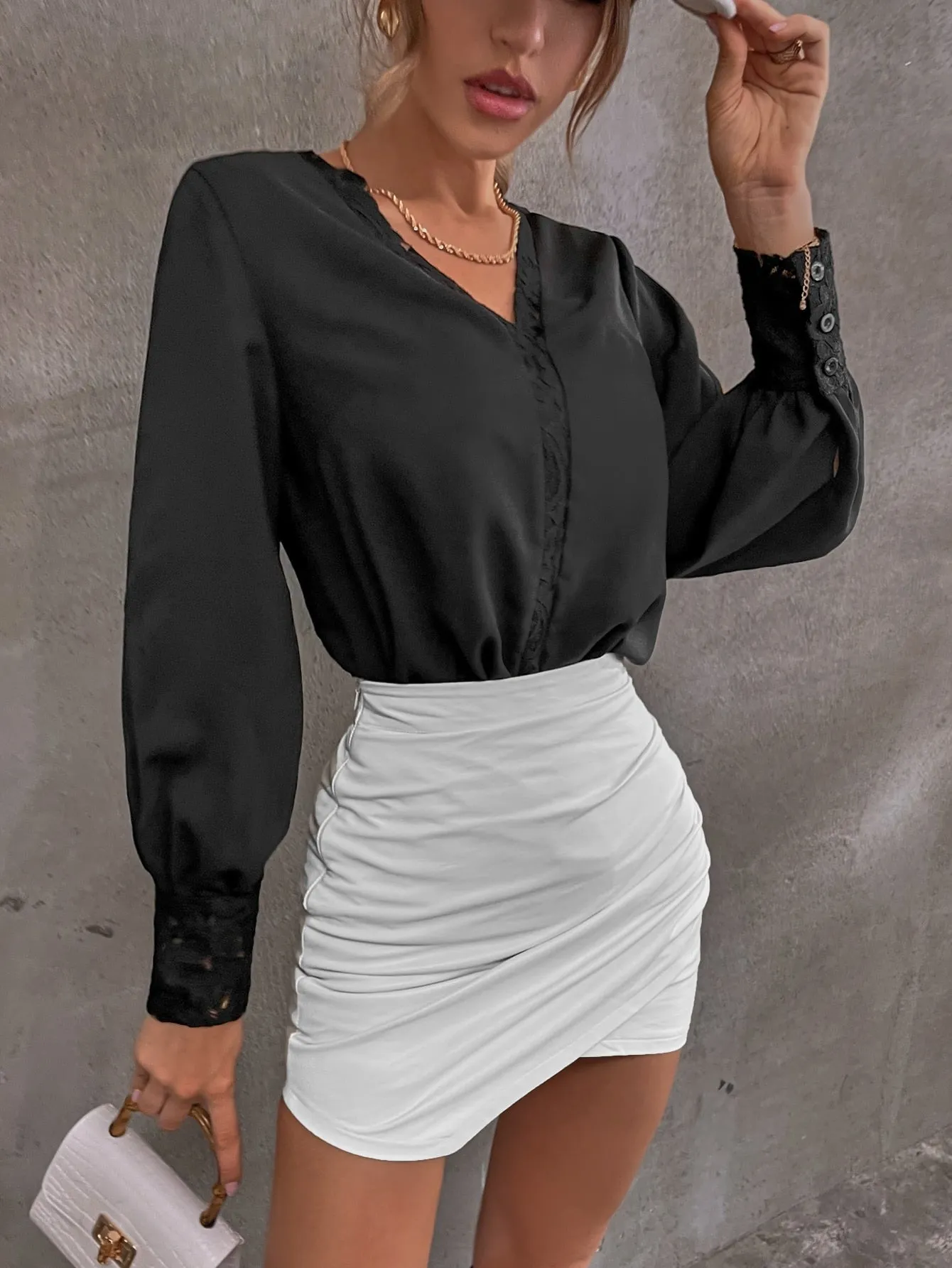 Elegant Plain Split Long Sleeve V Neck Regular Blouse