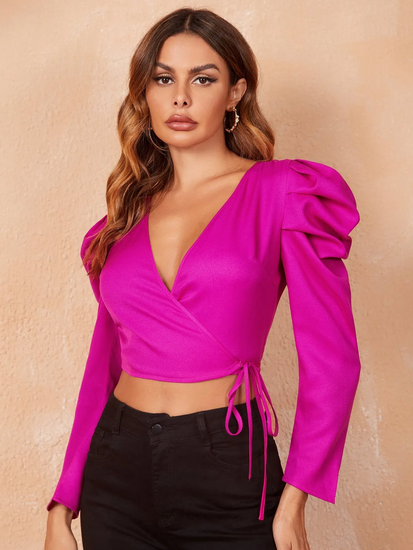 Elegant Plain Wrap Long Sleeve V Neck Crop Blouse