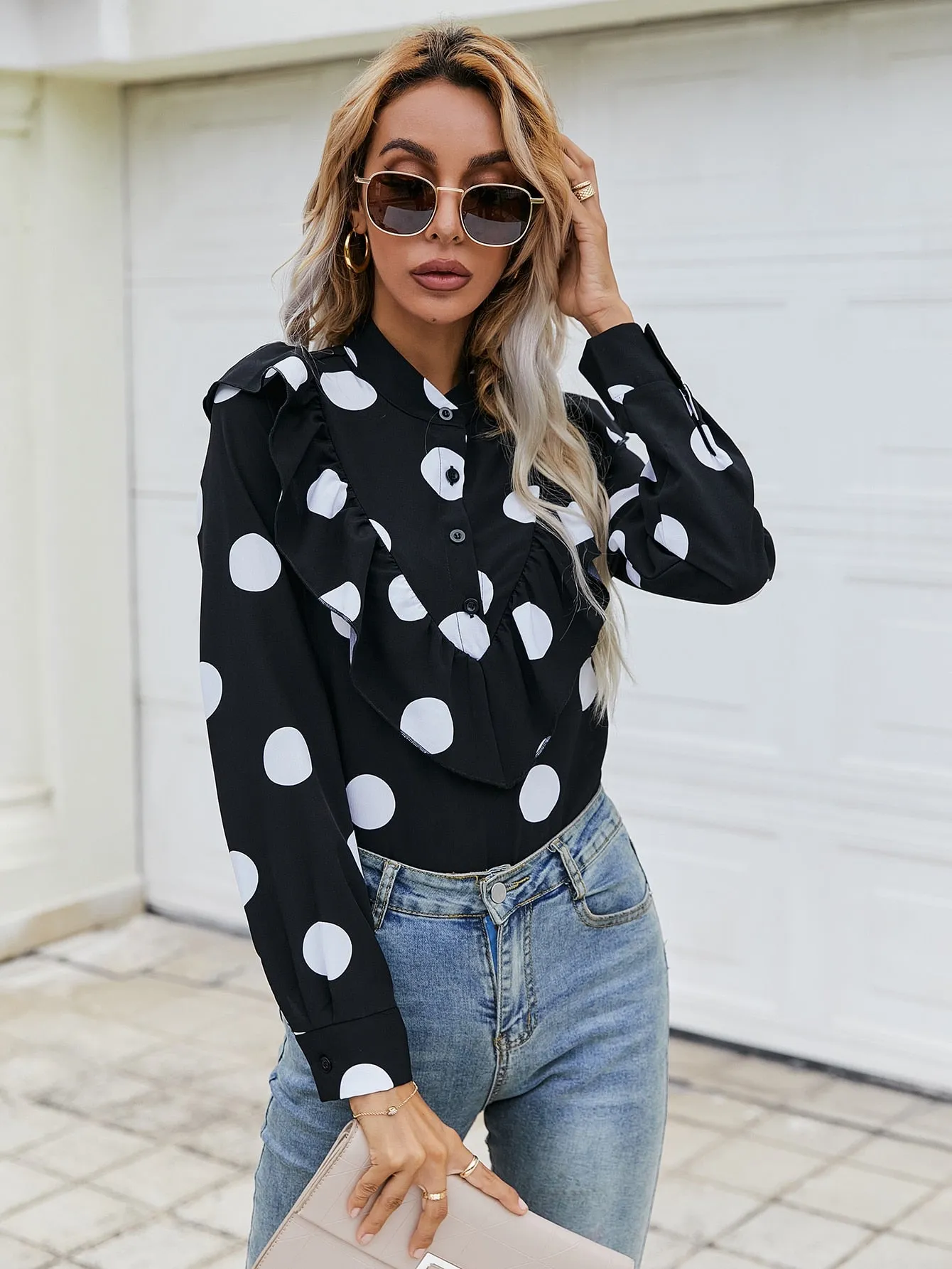 Elegant Polka Dot Button Front Long Sleeve Stand Collar Regular Blouse