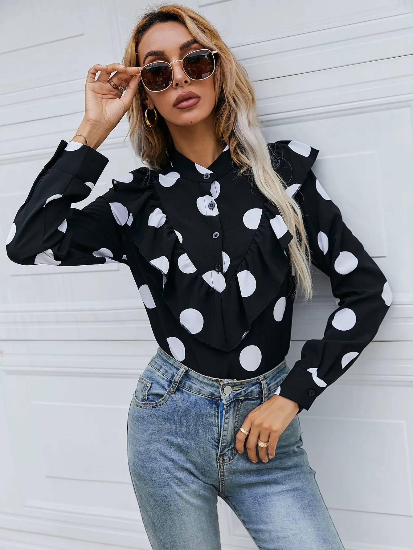 Elegant Polka Dot Button Front Long Sleeve Stand Collar Regular Blouse