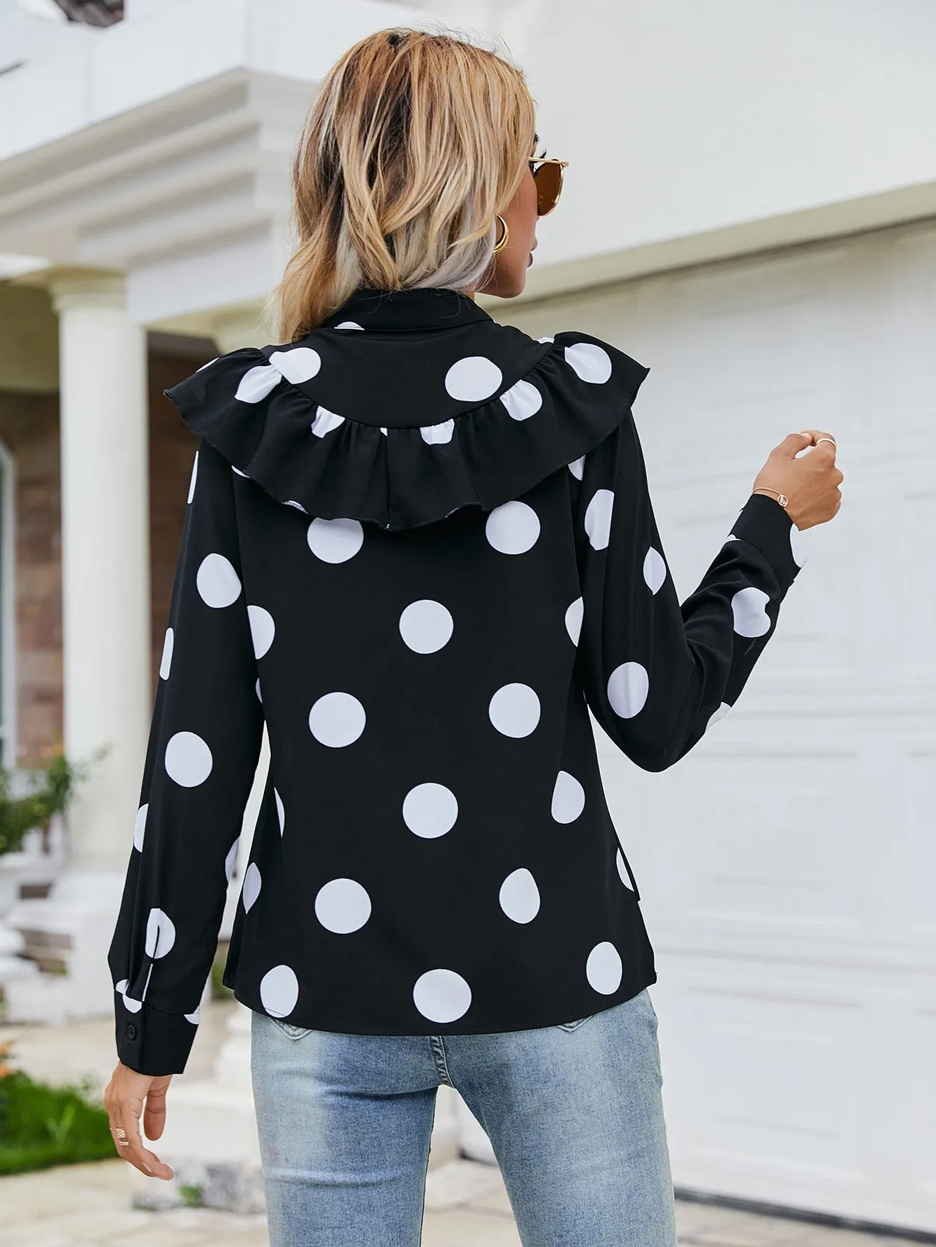 Elegant Polka Dot Button Front Long Sleeve Stand Collar Regular Blouse