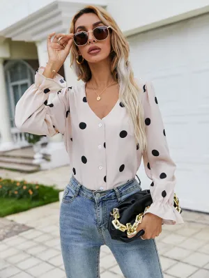 Elegant Polka Dot Button Front Long Sleeve V Neck Regular Blouse