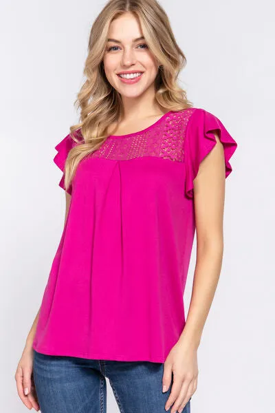 Explore More Collection - ACTIVE BASIC Ruffle Short Sleeve Lace Detail Knit Top