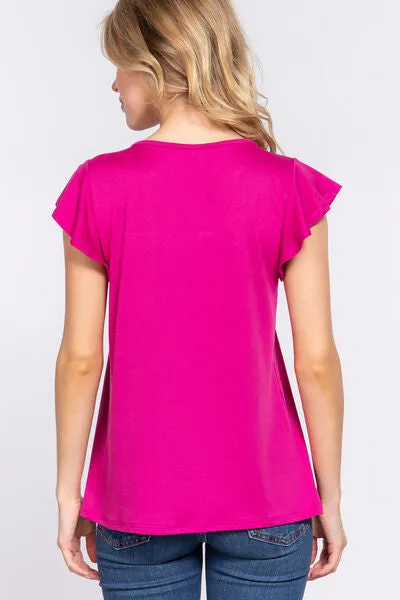 Explore More Collection - ACTIVE BASIC Ruffle Short Sleeve Lace Detail Knit Top