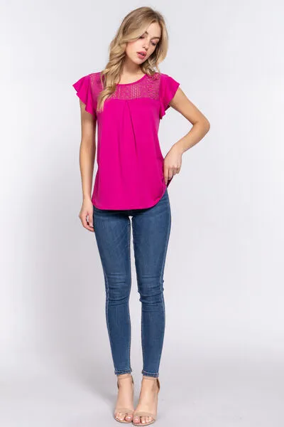 Explore More Collection - ACTIVE BASIC Ruffle Short Sleeve Lace Detail Knit Top