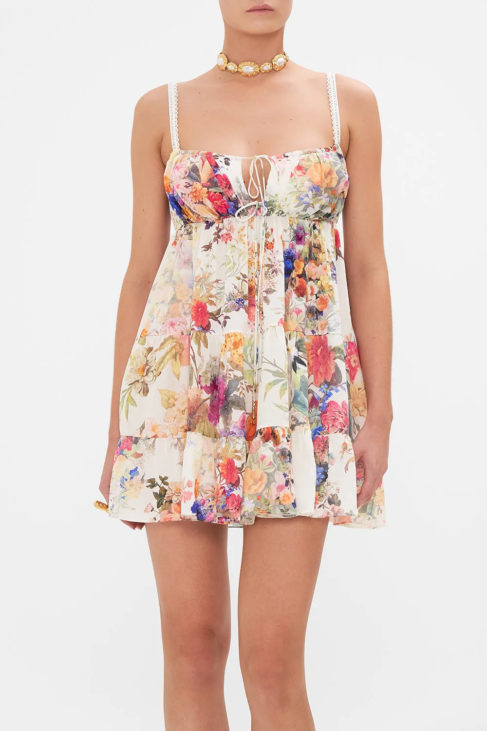 GATHERED BUST TIERED MINI DRESS FRIENDS WITH FRESCOS