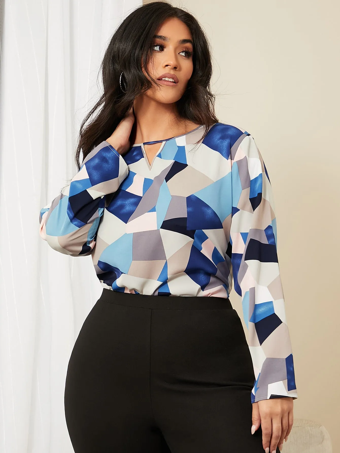 Geometric Cut Out Long Sleeve Keyhole Neckline Regular Plus Size Blouse