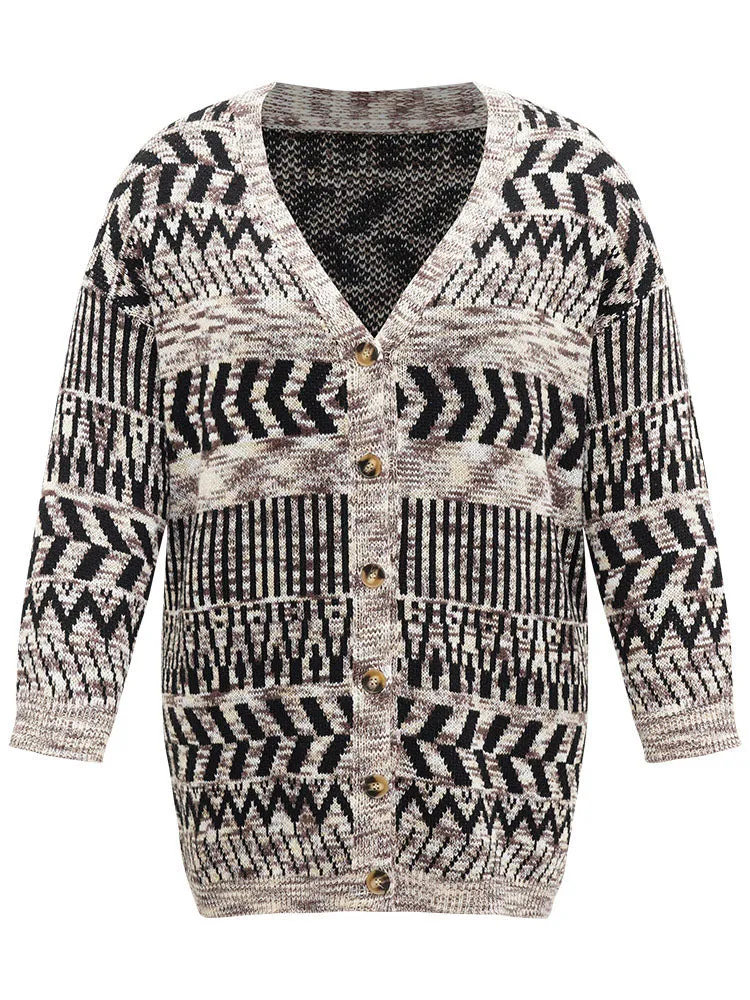 Geometric Heather Button Up Elastic Cuffs Cardigan