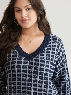 Gingham Plisse V Neck Elastic Cuffs Pullover