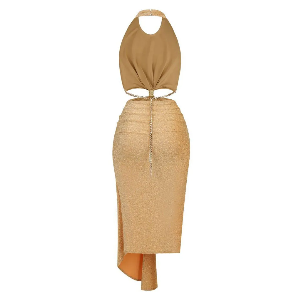 Glittering Draped Halter Metallic Chain Cutout Backless Midi Dress - Gold