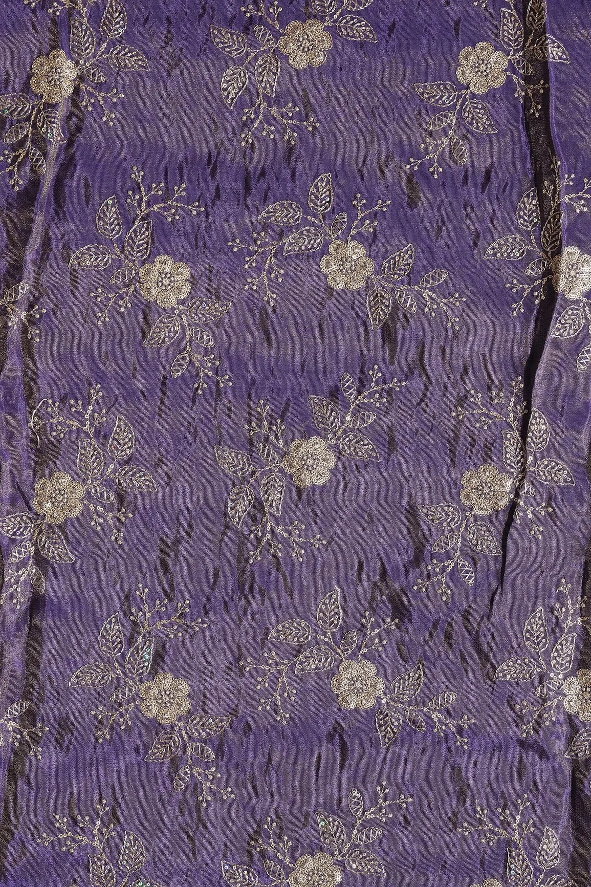 Gold Sequins And Zari Floral Embroidery Work On Purple Pure Viscose Zari Tissue Fabric