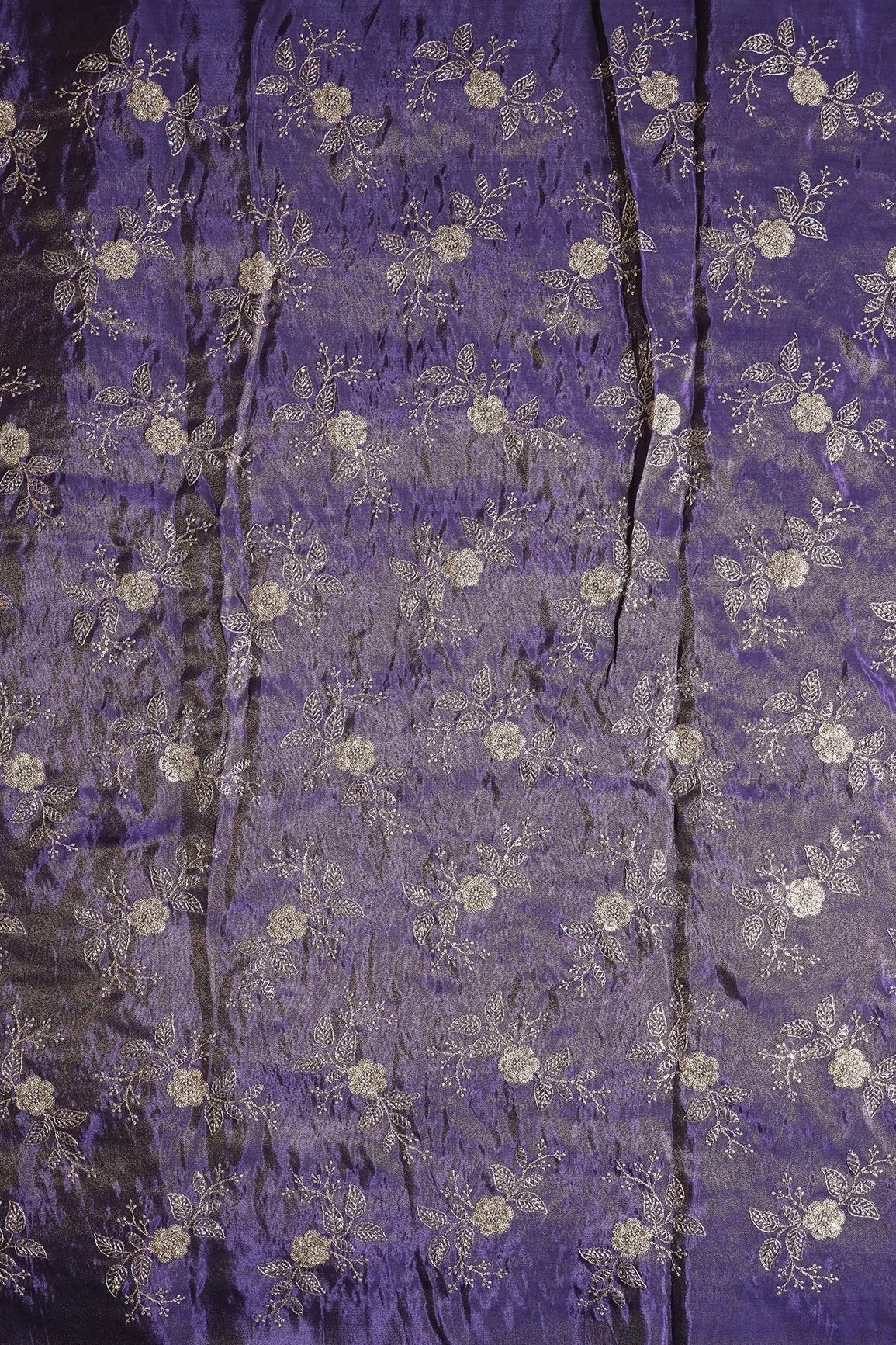 Gold Sequins And Zari Floral Embroidery Work On Purple Pure Viscose Zari Tissue Fabric