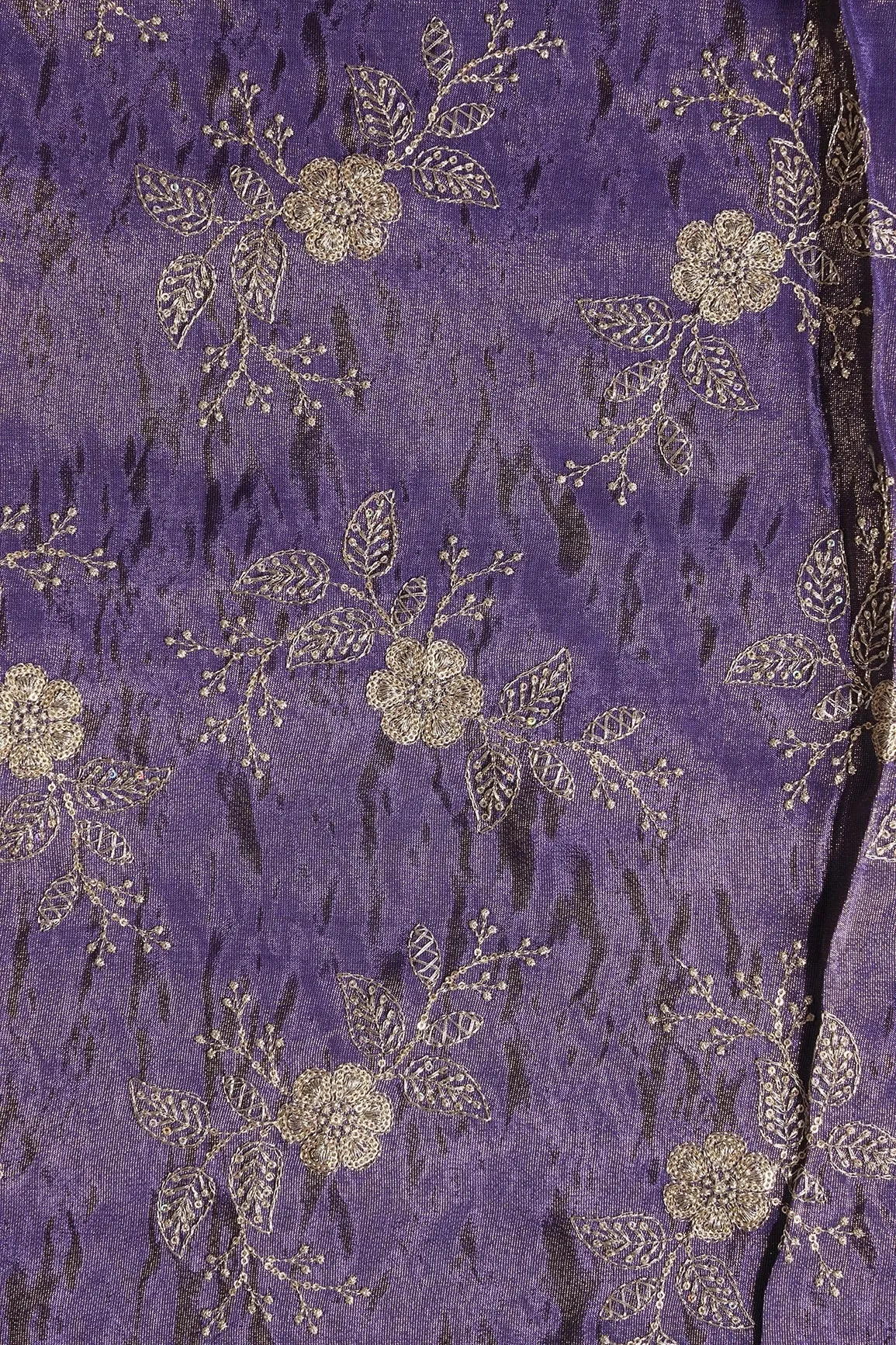 Gold Sequins And Zari Floral Embroidery Work On Purple Pure Viscose Zari Tissue Fabric