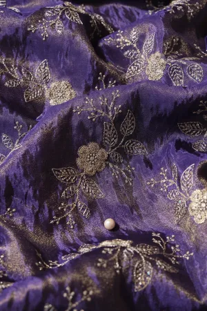 Gold Sequins And Zari Floral Embroidery Work On Purple Pure Viscose Zari Tissue Fabric