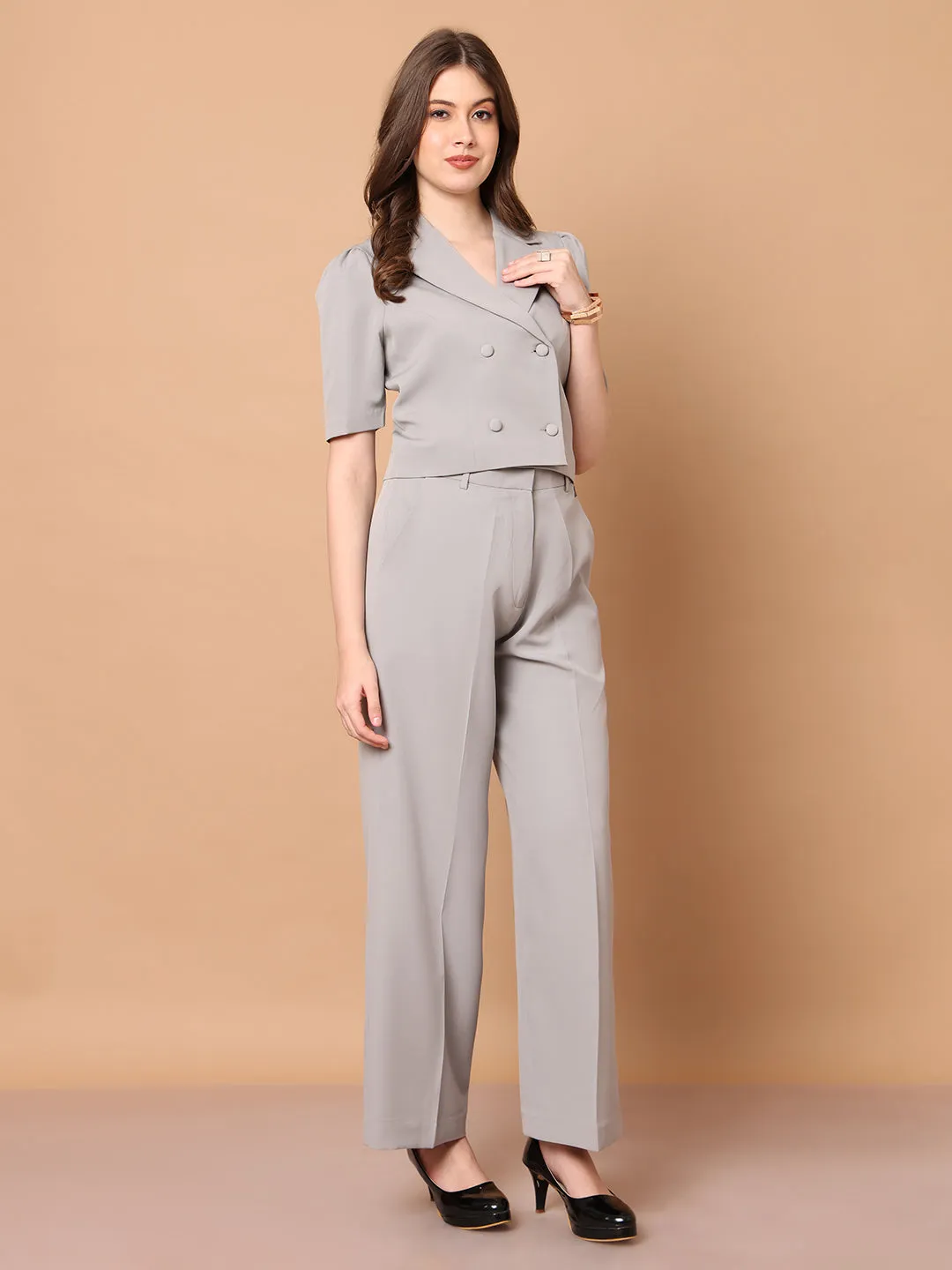 Grey Blended Daring Dreams Crop Blazer With Wide Leg Trouser