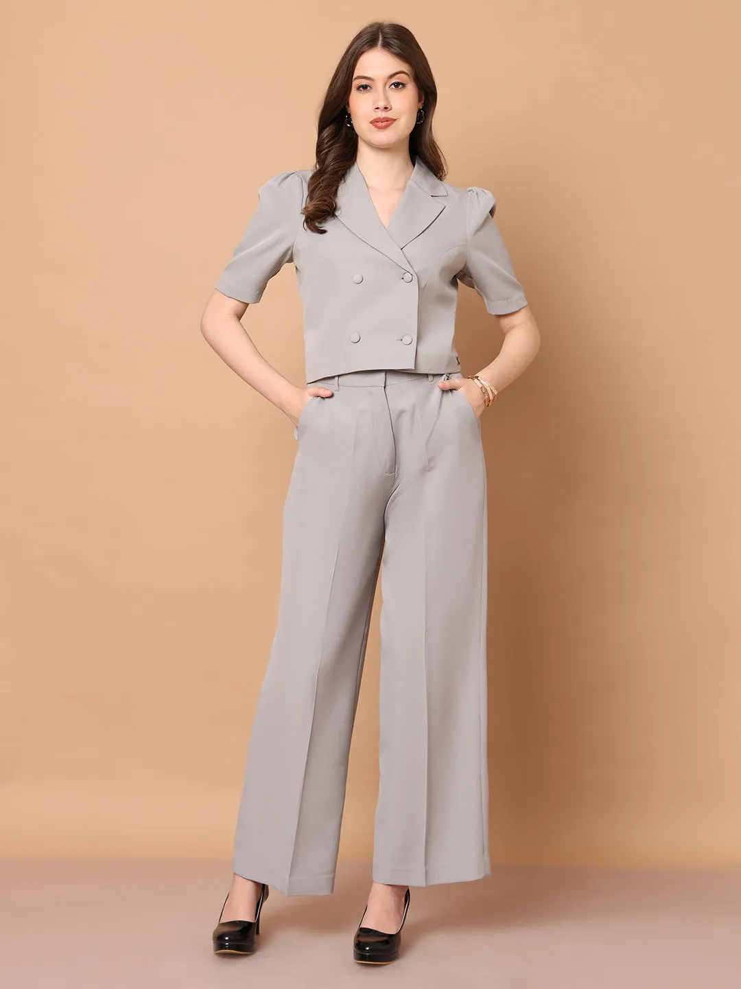 Grey Blended Daring Dreams Crop Blazer With Wide Leg Trouser