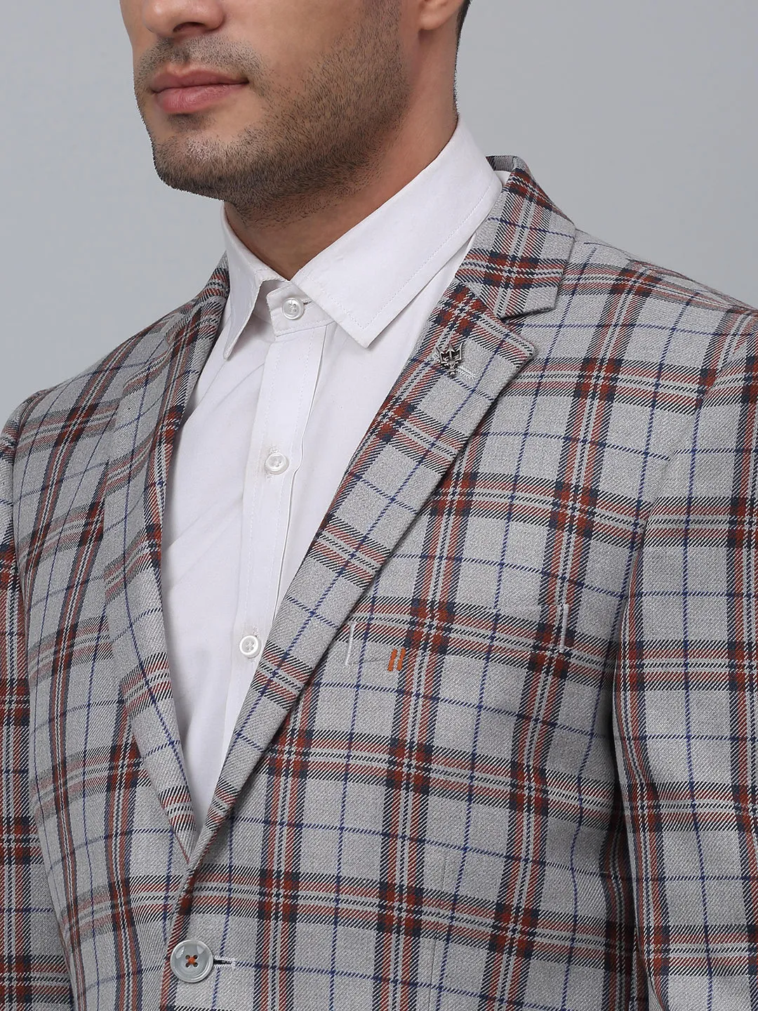 Grey Checkered Full Sleeves Formal Blazer For Men