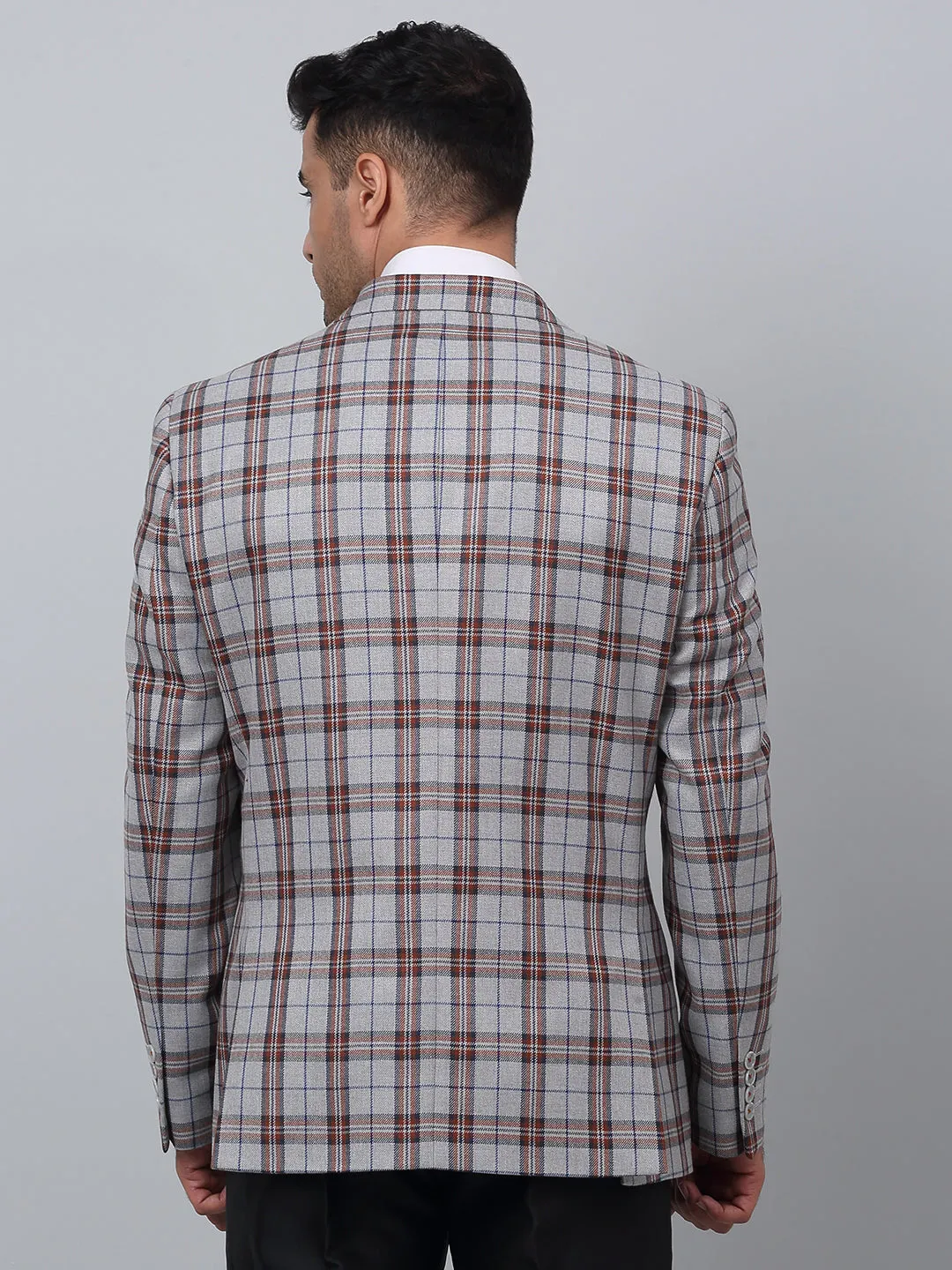 Grey Checkered Full Sleeves Formal Blazer For Men