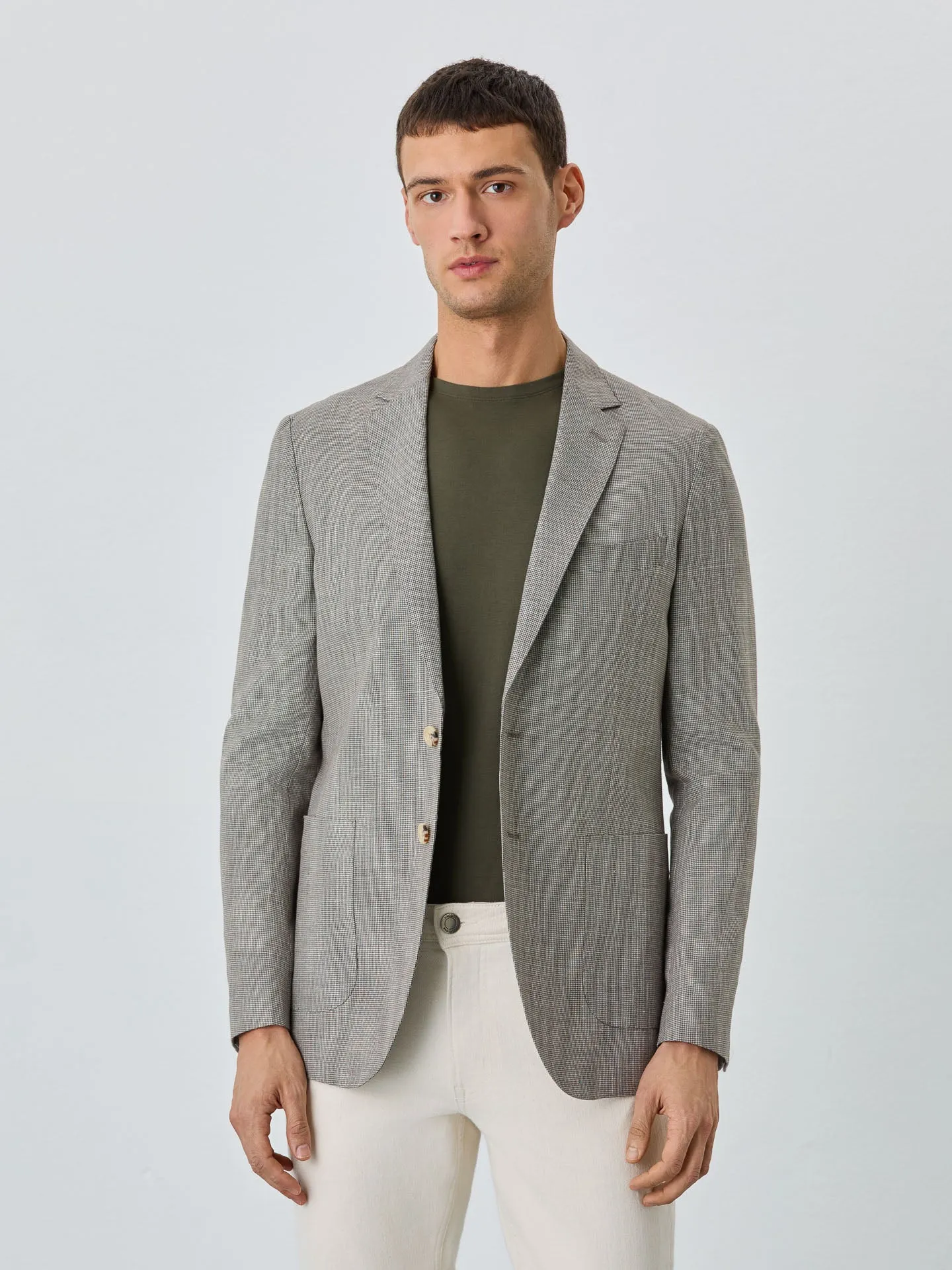 Half-Canvas Micro Houndstooth Blazer With Patch Pockets In Linen