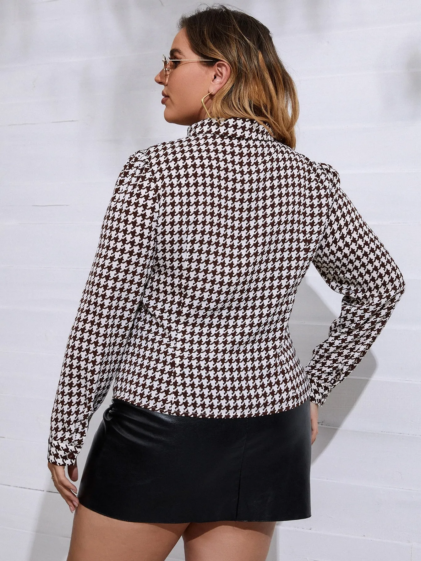 Houndstooth Button Front Long Sleeve Collar Regular Plus Size Blouse