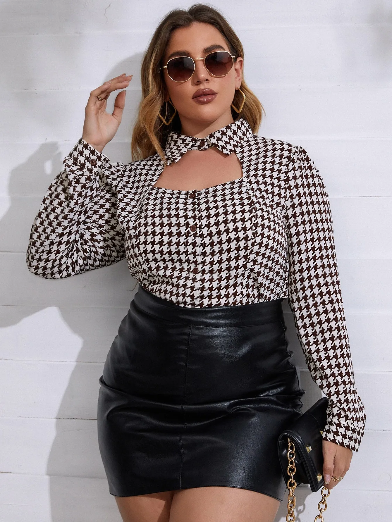 Houndstooth Button Front Long Sleeve Collar Regular Plus Size Blouse