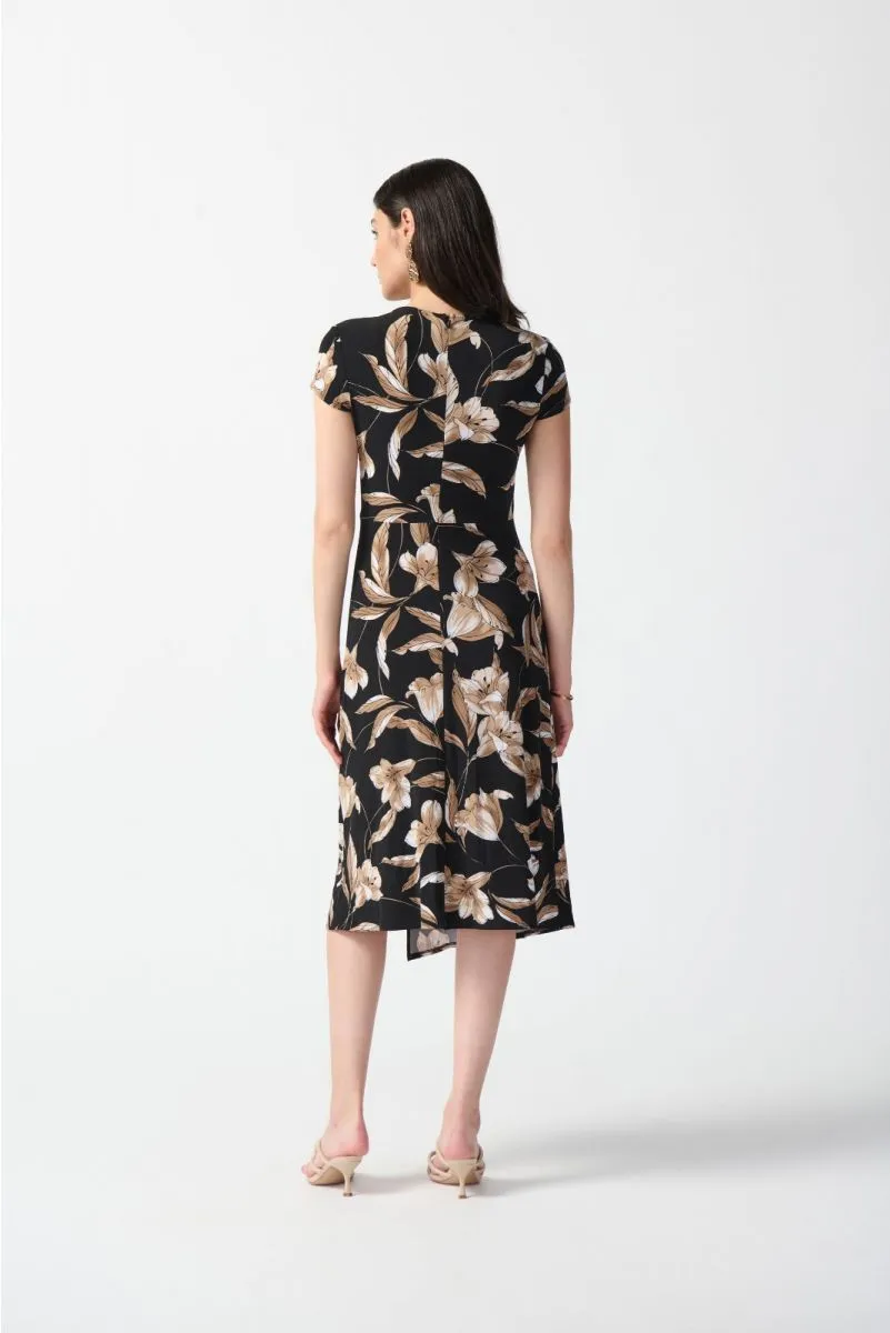 Joseph Ribkoff Black/Multi Floral Print Faux Wrap Midi A-Line Dress 242190