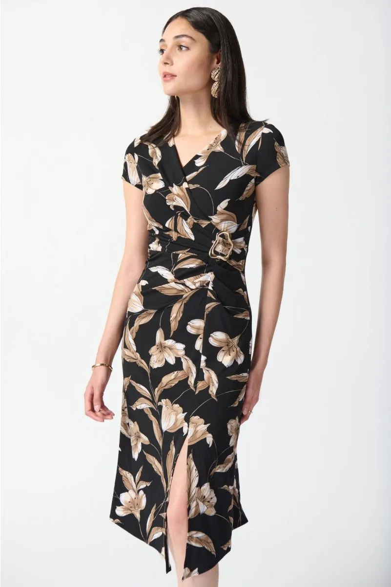 Joseph Ribkoff Black/Multi Floral Print Faux Wrap Midi A-Line Dress 242190