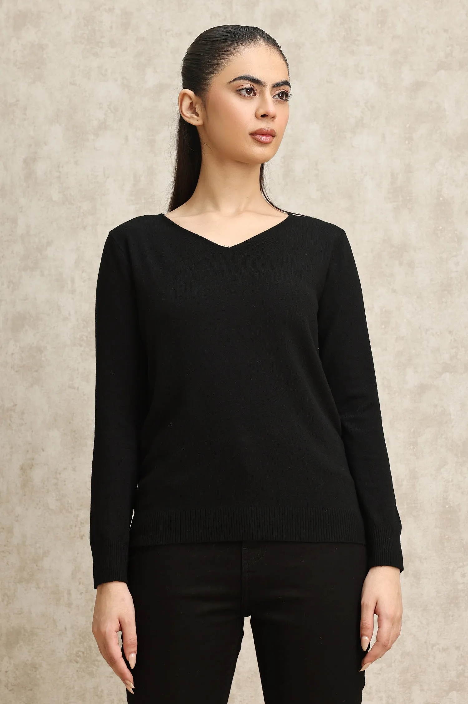 KNIT V-NECK SWEATER-BLACK