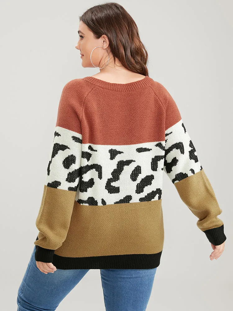 Leopard Colorblock Contrast Pointelle Knit V Neck Knit Top