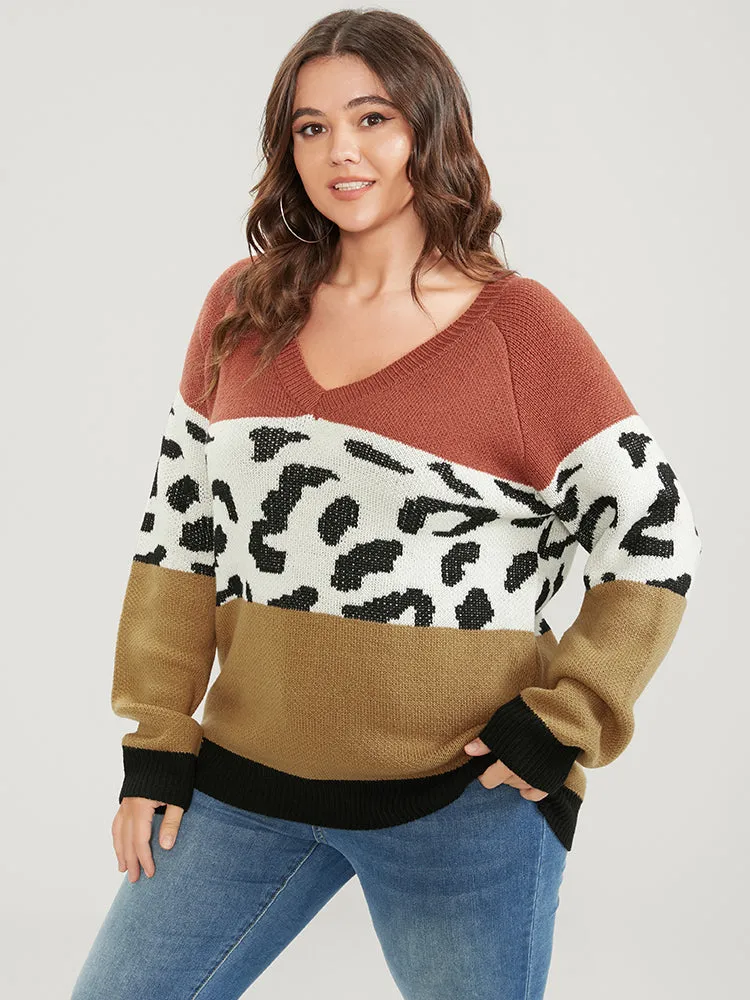 Leopard Colorblock Contrast Pointelle Knit V Neck Knit Top